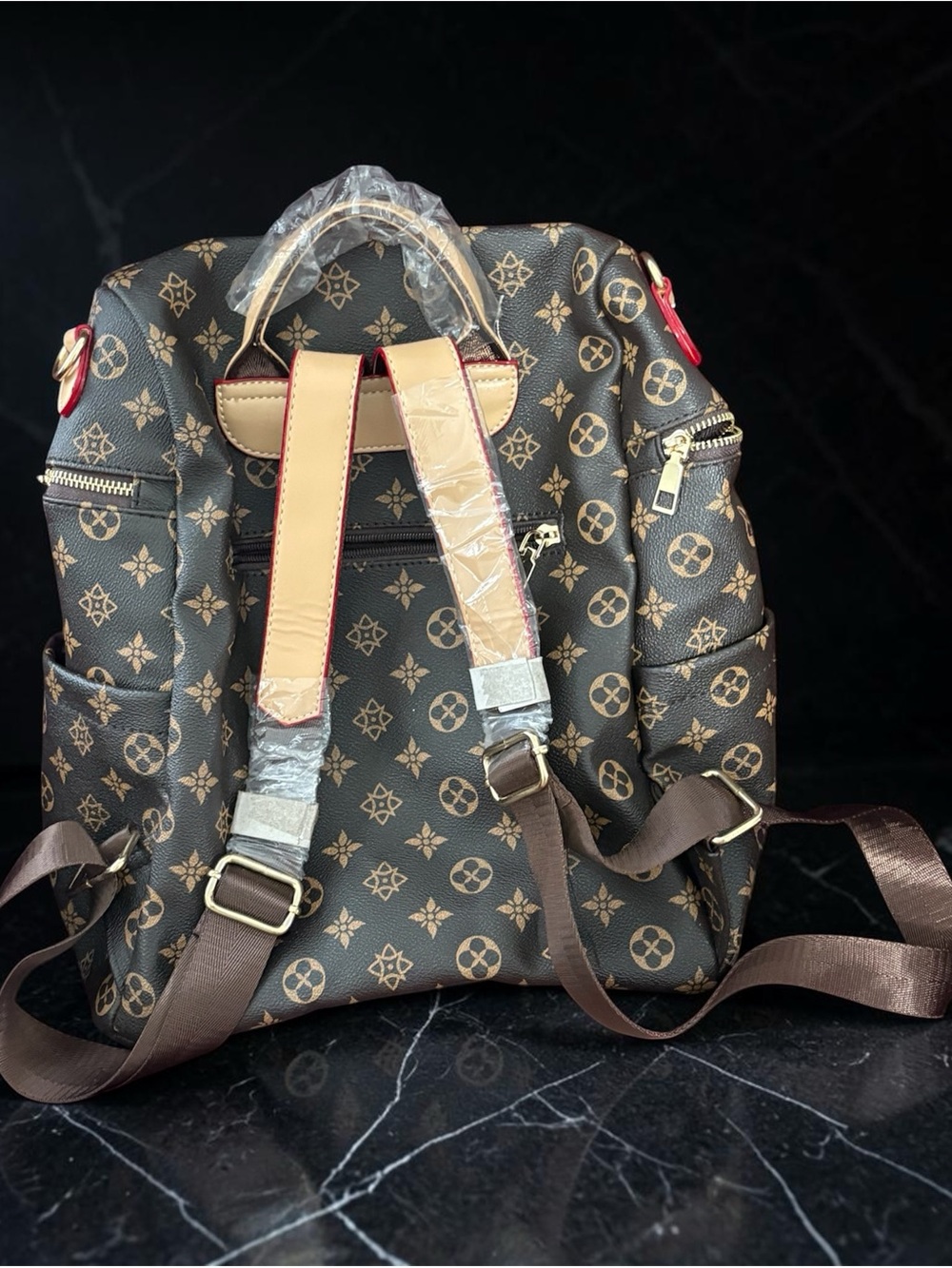 Monogram Pattern Brown & Tan Backpack - Picture 3 of 4
